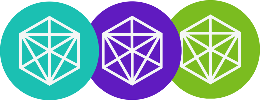 Logo with three circles containing line drawings of D20s