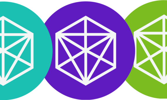 Logo with three circles containing line drawings of D20s
